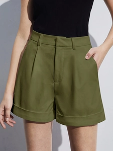Short Décontracté Femme Taille Haute Coupe Large Revers Poches Dos Élastique Streetwear Chic Été