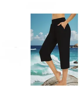 Detail of high waist elastic waistband and side pockets on black quick-dry capri pants