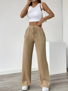 Women High Waist Wide Leg Casual Pants Crinkle Texture Drawstring Loose Straight Trousers With Side Buttons For Daily Streetwear