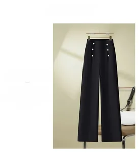 Detailansicht der schwarzen Weitbeinhose mit hoher Taille und weißen zweireihigen Knöpfen