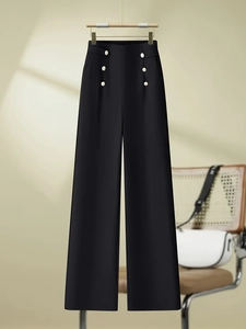 Damen Weite Hose Mit Hoher Taille Elegante Gerade Hose Mit Zierknöpfen Fließende Office Lady Freizeithose