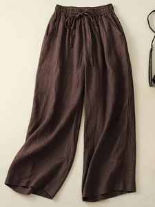 Women High Waist Wide Leg Pants Breathable Linen Blend Casual Loose Drawstring Trousers With Pockets Solid Color Streetwear