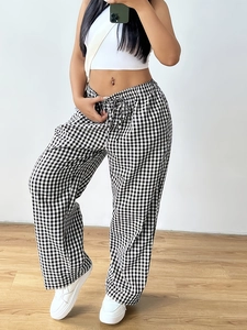 Plus size high waist gingham wide leg pants for women with adjustable drawstring waist