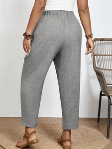 Women's plus size grey cotton linen wide leg trousers with elastic drawstring waist