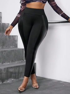 Damen Übergröße Hohe Taille Leggings Kunstleder Patchwork Elastisch Schlankmachend Polyester Hose Streetwear Skinny Hose