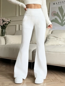 Women high waist white flared trousers with pockets for casual slimming office look