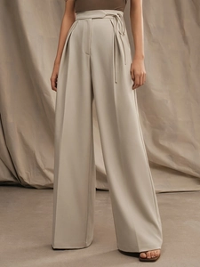 Women's high waist wide leg trousers with drawstring waist in a sleek khaki finish