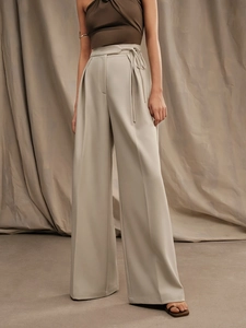 High waist wide leg trousers in beige with belted waist and premium draped fabric