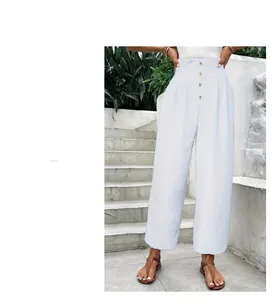 Detail of high-waist wide-leg pants featuring a stylish five-button closure design