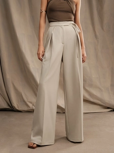Women High Waist Wide Leg Trousers Minimalist Lace Up Suit Pants Floor Length Elegant Commute Casual Drape Trousers For Lady