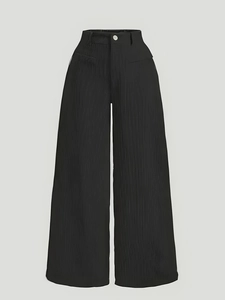 Women high waist black wide leg trousers with vertical pleats and straight drape design