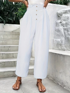 Women High Waist Wide Leg Pants Casual Straight Loose Trousers With Buttons Office Commuting Fashion Solid Summer Long Pants