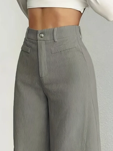 Pantalon Large Taille Haute pour Femme Rayures Verticales Plissé Pantalon Long Décontracté Bureau Navette Couleur Unie