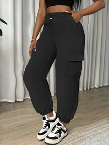 Women's plus size black high waist cargo joggers with drawstring and large side pockets