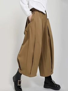 Women high waist wide leg trousers in khaki with pleated texture and vertical drape style