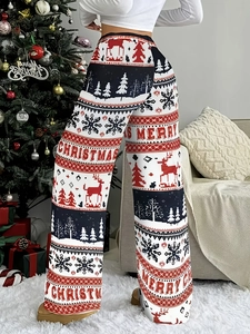 Pantaloni natalizi taglie forti a vita alta con stampe festive di renne e fiocchi