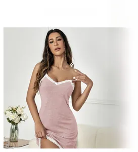 Detail view of the nursing clip on the lace-trimmed pink V-neck nightwear gown