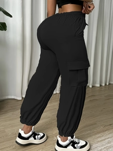 High waist black cargo joggers for women with side pocket and elasticated cuffs