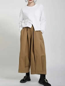 Women's plus size wide leg pants and irregular hem top outfit in brown and white