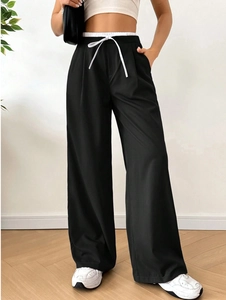 Women's Double Waist High Waisted Wide Leg Pants Casual Straight Leg Trousers Contrast Drawstring Fashion Bottoms