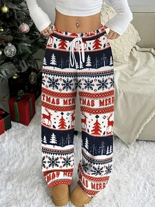 Pantaloni a gamba larga taglie forti natalizi con stampe di renne e fiocchi di neve