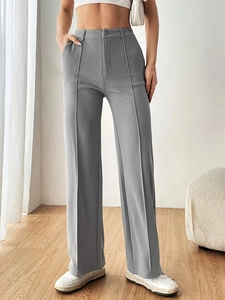 Women High Waist Wide Leg Suit Pants Center Press Drape Straight Trousers Minimalist Commuter Office Trousers Silver Gray Black
