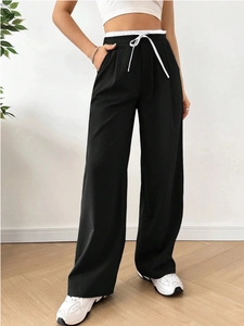 Black high-waisted wide-leg straight trousers with a dual-layer drawstring waistband