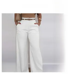 Detail view of high-waisted wide-leg pants in white with belt and cargo trousers variants