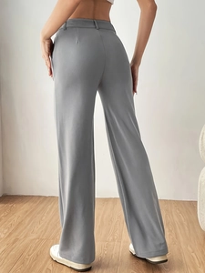 Women's high waist grey wide leg trousers featuring premium drape and straight-cut fit