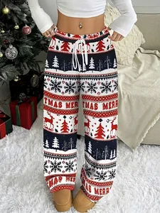 Pantaloni natalizi taglie forti a vita alta con coulisse e stampa di renne e fiocchi di neve