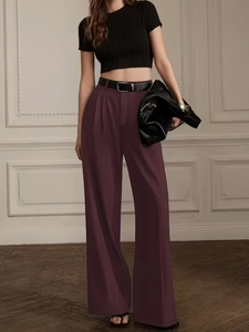 Women High Waist Wide Leg Pants Solid Color Elegant Pleated Full Length Trousers With Belt Casual Office Loose Pants