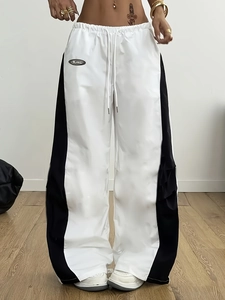 Damen Cargo-Hose mit hoher Taille, weitem Bein, Kontrastfarben und Kordelzug-Detail