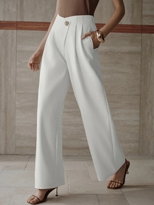 Elegant white high-waisted wide-leg trousers with golden button and draped finish