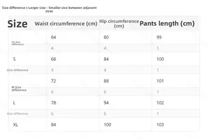 Tabla de tallas para pantalones de cuero acampanados negros con medidas de cintura y cadera
