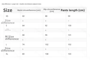 Tableau des tailles pour pantalon en velours évasé avec mesures de taille, hanches et longueur