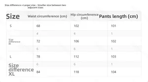 Size chart for white high waisted wide leg pants showing S to XL measurements in cm
