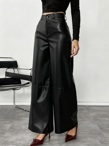 Pantalones de pernera ancha en cuero PU negro de cintura alta con caída elegante mujer