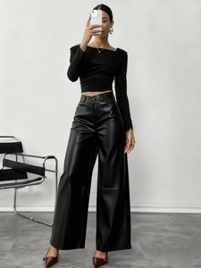 Pantalones de Pata Ancha de Cuero PU para Mujer Cintura Alta Pantalones de Cuero Sintético Holgados Streetwear Color Sólido Casual