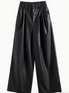 Pantalon femme en similicuir à taille haute et jambe large avec plis en noir