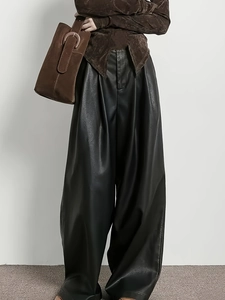 Pantalon Taille Haute en Cuir PU pour Femme Jambe Large Plissé Rétro Maillard Pantalon Mat Similicuir Streetwear Décontracté