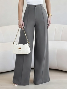 High waist wide leg dark grey dress pants with sharp front crease and drapes