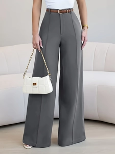 High waist wide leg dark gray suit trousers with pleated front and brown belt