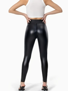 Leggings taille haute en similicuir noir mat pour femme avec fermeture éclair au dos et push-up