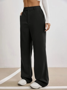 High-waisted black wide-leg suit trousers with a straight drape and button closure