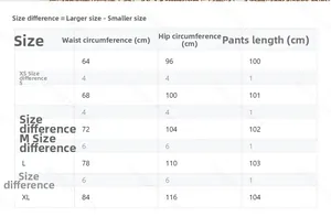 Size chart for high-waist wide-leg trousers including waist, hip, and length data