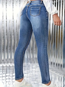 Women's slim fit high waist blue stretch skinny jeans with washed denim texture