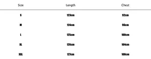 Size chart for women denim overalls with length and chest measurements in cm