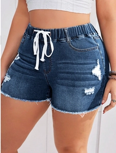 Pantaloncini di jeans a vita alta da donna con coulisse elastica e orli sfrangiati