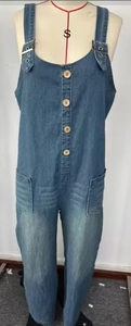 Detail view of denim overalls with wood-style buttons and adjustable metal buckles