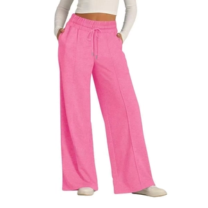 Detail of high waist elastic band with drawstring on pink wide-leg casual pants